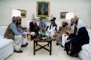 U.S. President Ronald Reagan meets the Mujahideen at the White House, 1985.
