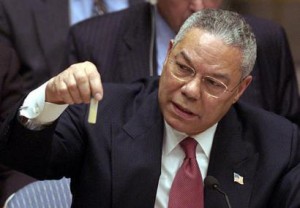 Colin Powell holding a model vial of anthrax while giving a presentation to the United Nations Security Council. Source: Wikipedia.org