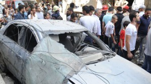 The site of a bomb attack in Damascus, Syria