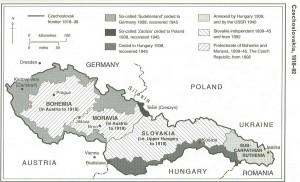 Historical map of Czechoslovakia in 1918-1992. Sub-Carpathian Ruthenia is marked in the Eastern part of the country.
