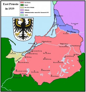 East Prussia after the ultimatum took force; the Klaipėda Region/Memelland is depicted in blue and East Prussia in pink.