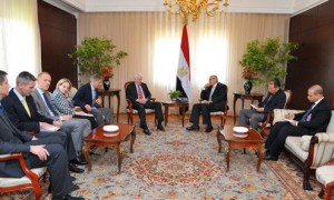 Then Interim Vice President Mohamed Elbaradei, center right, meeting with U.S. senators John McCain, center left, and Lindsey Graham, fifth from left, with U.S. Ambassador to Egypt Anne Patterson, fourth from left, in Cairo, Egypt, Tuesday, Aug. 6, 2013. In a week Elbaradei left his post. (photo credit: AP Photo/Egyptian Presidency)