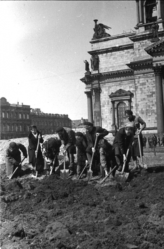 City residents are digging the ground in front of Isaak Cathedral to plant vegetables