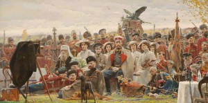 Pavel Ryzhenko "A photo in memoriam" painting (2007) depicting the last Russian Emperor Nikolay II with family visiting a military camp during WWI.