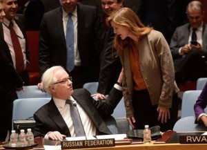 The US Ambassador to the UN Samantha Power screaming at the Russian counterpart Vitaly Churkin after Russia has blocked the US draft resolution "on situation in Ukraine" at the Security Council meeting on March 15, 2014.