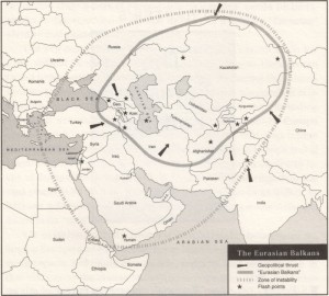 Map of the Eurasian Balkans "war on terrorism" from the book The Grand Chessboard by Brzezinski. page 124. 1997