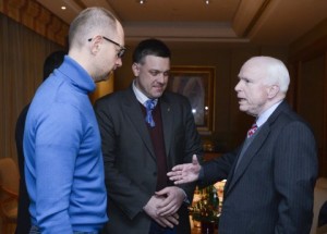 Senator John McCain (on the right) traveled to Kiev to express his support, shaking hands with radical nationalist Oleh Tyahnibok (in the center), leader of the deceptively named Freedom Party, which is actually a national chauvinist, even neo-fascist party ideologically.