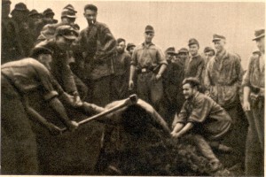 Ustashas chopping heads of the Serbian POWs off with axe in a concentration camp.