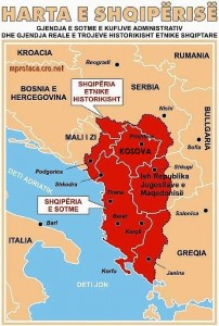 A map representing territorial ambitions of the Albanian nationalists.