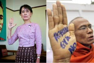 Aung San Suu Kyi, (left) purveyor of Western "pro-democracy" gags, now finds herself presiding over a movement using these gimmicks to call for racial genocide. A "monk" (right) puts his US State Department subsidized color revolution training to a new use... calling for genocide. So far, Suu Kyi has categorically failed to condemn the violence mainly because it is being carried out by the backbone of her own political network. Source: Land Destroyer