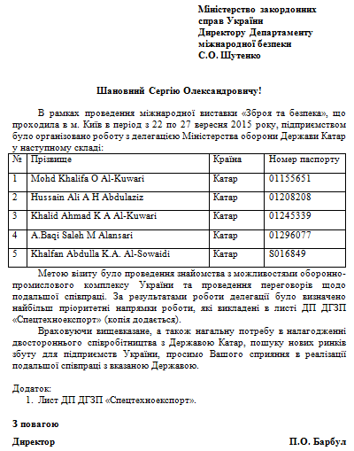 A letter by the Director of Ukrainian SpetsTechnoExport enterprise Pavlo Barbul to Ukrainian MFA with the list of Qatari delegation to attend Arms and Security Expo (Kiev, September 22-27, 2015)