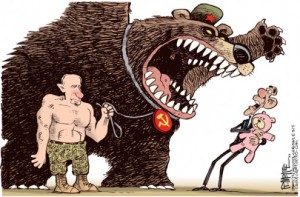 A typical primitive propaganda cartoon depicting "aggressive Russia" for Western public.