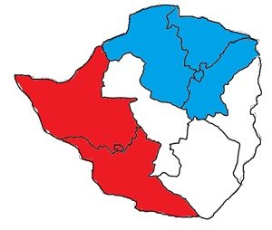 Red: Bulawayo and the provinces of Matabeleland North and South (Ndebele) Blue: Harare and the provinces of Mashonaland North, East, and Central (Shona)