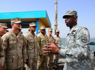Gen. William 'Kip' Ward, Commander, U.S. Africa Command, talks to Sailors during the establishment of a U.S. military harbor security force at the Port de Djibouti