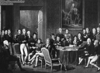 "Der Wiener Kongreß unter der Leitung des Fürsten Clemens von Metternich", nach einem Gemälde von Jean Baptiste Isabey.; Lithografie