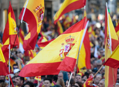 Protesters wave Spanish flags during a pro-unity demonstration on October 29, 2017 in Barcelona, Spain. Thousands of pro-unity protesters gather in Barcelona, two days after the Catalan Parliament voted to split from Spain. The Spanish government has responded by imposing direct rule and dissolving the Catalan parliament