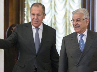 Russian and Pakistani Foreign Ministers Sergey Lavrov and Khawaja Asif meeting in Moscow on Feb 20, 2018