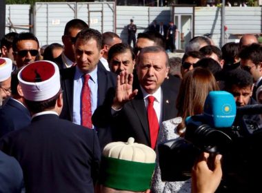 Turkey President Recep Tayyip Erdogan hails Albanian Muslims at the inauguration ceremony of the Namazgja Mosque, May 2015