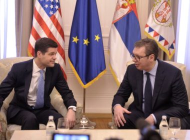 U.S. Assistant Secretary of State for European Affairs Wess Mitchell (left) and Serbian President Aleksandar Vucic in Belgrade on March 14.