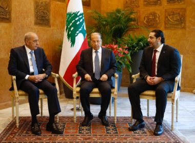 Lebanese President Michel Aoun meets with Prime Minister Saad al-Hariri, and Lebanese Parliament Speaker Nabih Berri at the presidential palace in Baabda