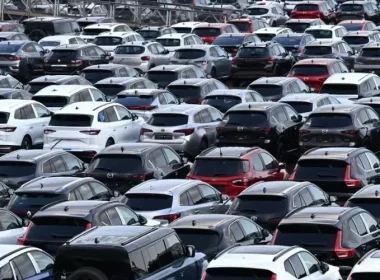 New cars of various brands are prepared for export on the parking lot of a car terminal at the harbour of Duisburg.